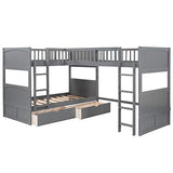 GAOWEI L-Shaped Bunk Bed with Drawers,Twin Over Twin Triple Bunk Beds and Loft Bed for 3 with Ladder & Guardrail & Headboard & Footboard Kids/Solid Wood Triple Bunk Bed for Kids (Gray) GAOWEI