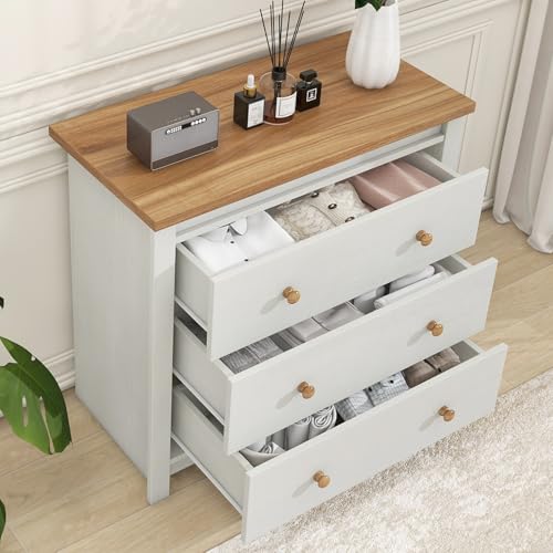 Vikiullf Farmhouse 3 Drawer Dresser for Bedroom, Tall Modern Chest of Drawers, Wood Oak Storage Chest for Bedroom, Hallway, Living Room Closet Dressers Chest, Tall Nightstand, Off White (1) Vikiullf