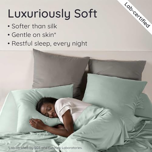 Bambaw 100% Viscose Derived from Bamboo Sheets Queen Size Deep Pocket Set – 4pcs Hotel Luxury Bedding Set, Fits Up to 16'' with Elastic Corner Straps, Ultra Soft Cooling Sheets Queen Size (Sea Glass) Bambaw