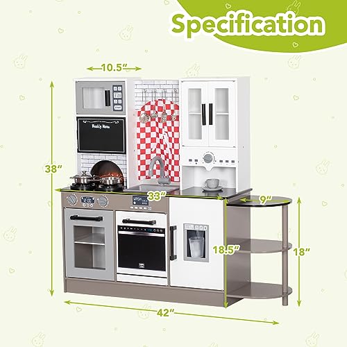 BRINJOY Kids Kitchen Playset, Wooden Toddler Kitchen Set w/Curtains, Coffee Maker, Storage Shelf, Stove,Sink, Utensils, Light & Sound, Kids Pretend Play Kitchen Toy Gift for Girls Boys (3-Stage) BRINJOY