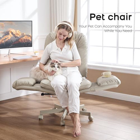 amseatec Criss Cross Chair with Armrests & Wheels for Cross-Legged Sitting, Comfortable Adjustable Swivel Office Desk Chair –PU Leather Vanity Chair for Home, Makeup and Bedroom (Cream) amseatec