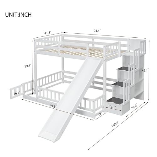 MoproBeti Twin Over Full Bunk Bed with Slide and Storage Stairs, Pine Wood Floor Kids Bunk Beds with Safety Fence Guardrails and Door for Girls Boys, White MoproBeti