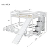 MoproBeti Twin Over Full Bunk Bed with Slide and Storage Stairs, Pine Wood Floor Kids Bunk Beds with Safety Fence Guardrails and Door for Girls Boys, White MoproBeti