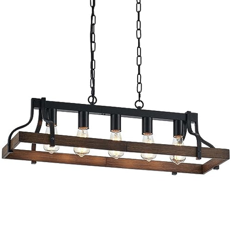 ELYCCUPA Wood Farmhouse Chandelier 5-Light Adjustable Retro Island Light Industrial Pendant Light for Kitchen Island Dining Room Living Room, L 34”, UL Listed ELYCCUPA