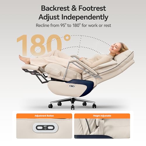 OKUP M80A Dual Motor Electric Executive Office Chair with Footrest, Comfortable Reclining Office Chair Wide Seat, Big and Tall Ergonomic Leather Home Office Desk Chair (Beige,No Massage) OKUP