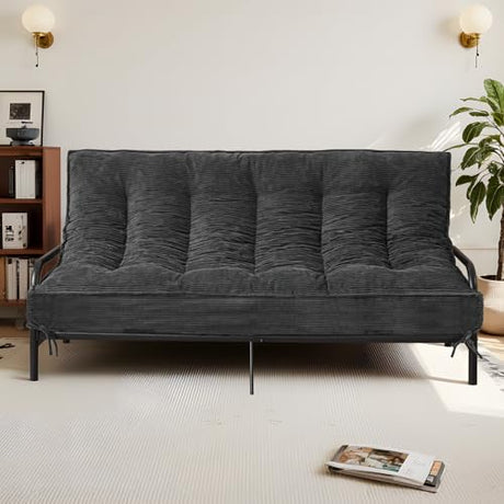 Winzoo 8 Inch Futon Mattress Full Size, Futon Floor Sofa Bed Foldable with Soft Corduroy Fabric - High Resilience Foam Filling - 2 Storage Straps for Home, Guest Room, Dorm, Grey (Frame Not Included) Winzoo