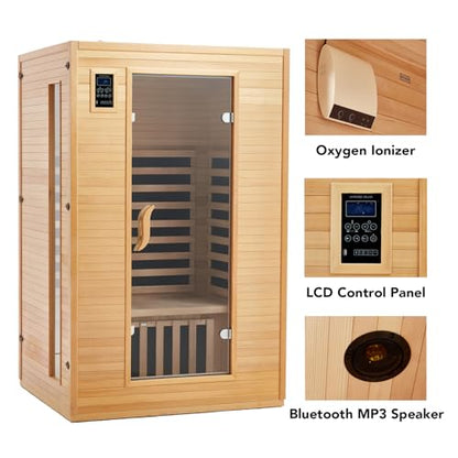 Garvee 2024 Upgrade 2 Person Sauna, 6 Heating Plate Infrared Physical Therapy Wooden Dry Steam Sauna, Low EMF, MP3 Auxiliary Connection, Dual Controls Inside and Outside Fits, Home Spa Day Use