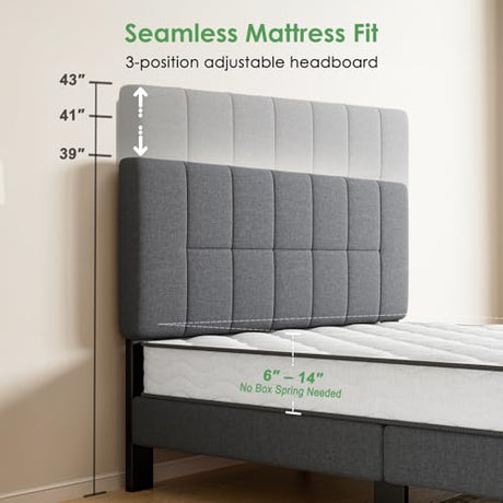 Marsail Queen Size Bed Frame - Upholstered, Adjustable Headboard,6"-12" Mattress Fit, 1300 lbs Capacity, Sturdy 12-Leg Wood Construction, Easy Assembly, Dark Gray Marsail
