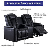 CANMOV Home Theater Seating, Electric Power Recliner Chairs with USB Ports and Cup Holders, Breathable Faux Leather Recliner Set with Hidden Arm Storage, Ambient Lighting (Row of 2, Black) CANMOV