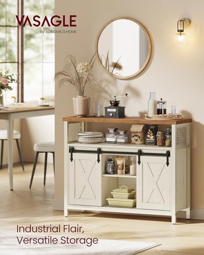VASAGLE Buffet Cabinet, Coffee Bar Storage Cabinet, Sideboard with 2 Sliding Barn Doors, Adjustable Shelves, 13 x 39.4 x 31.5 Inches, for Living Room, Rustic White and Honey Brown ULSC092W01 VASAGLE