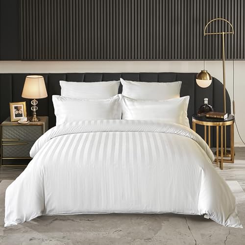Amolavet Hotel Bedding Duvet Cover Full Size Cotton White Satin Striped Textured with Zipper - Duvet Cover Full 3 Pcs Set 79x90 - Comforter Cover/Quilt Cover Full Size Amolavet