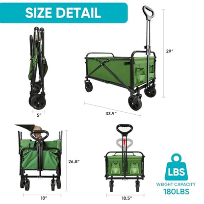 Collapsible Foldable Wagon, Beach Cart Large Capacity, Heavy Duty Folding Wagon Portable, for Outdoor Sports, Shopping, Camping, Green - WoodArtSupply