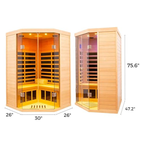 2-3 Person Low EMF FAR Infrared Sauna, Hemlock 2 Door Luxury Toughened Glass Indoor Saunas for The Home, 1520w, App & LCD Panel Control, Bluetooth Speakers, Chromotherapy Lights, Reading Lights KUNSANA