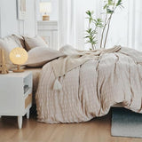 HYMOKEGE Beige Duvet Cover Queen Size, Ultra Soft 3-Piece Seersucker Duvet Cover Set with Zipper Closure, Soft Brushed Microfiber Bedding Set with 8 Corner Ties (90"x90", 2 Pillowshams) HYMOKEGE