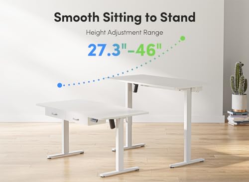 FEZIBO Adjustable Height Electric Standing Desk with Double Drawer, 55 x 24 Inches Stand Up Home Office Desk with Splice Tabletop, White Frame/White Top FEZIBO