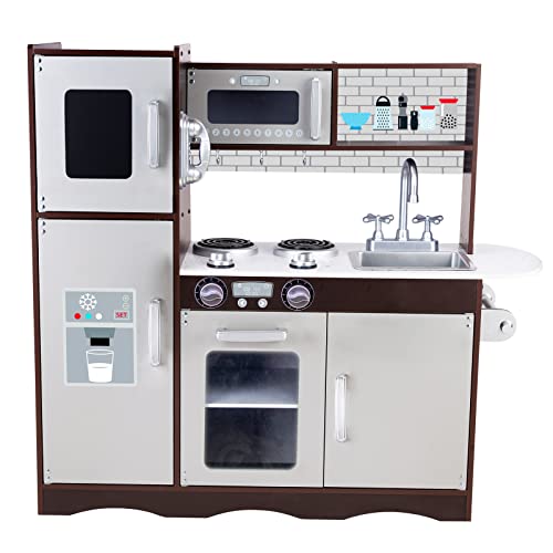Kitchen Playset for Kids Ages 3-8, Wooden Pretend Play Kitchen, Incloud Telephone, Ice Maker, Refrigerator, Dimensions: 35” H x 31” W x 12” D KIDS TOYLAND