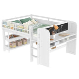 SOFTSEA Full Size Low Loft Bed with Desk & Storage, Solid Wood Full Loft Bed with Bookshelves, Storage Drawers, Boxes & Blackboard for Kids Juniors Boys Girls, White SOFTSEA