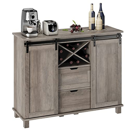 HOSTACK Farmhouse Buffet Sideboard, Coffee Bar Cabinet with Storage, Liquor Wine Cabinet with Sliding Barn Doors, Accent Storage Cabinet for Kitchen, Ash Grey - WoodArtSupply