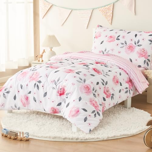 PHF 4 Piece Toddler Bedding Set, Ultra Soft Toddler Comforter Sets Include Comforter, Fitted Sheet, Flat Top Sheet and Pillowcase for Girls, Floral Bed in A Bag for Baby Bedroom, Floral PHF
