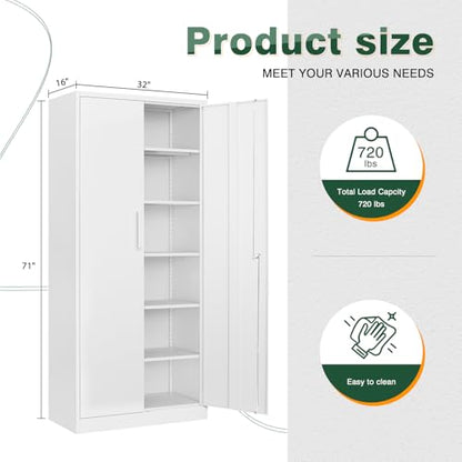 Letaya Metal White Storage Cabinet with Lock-71 Tall Metal Pantry Cabinets,5 Adjustable Shelves and Door for Home,Office,Kitchen,Warehouse,Utility Room(White) - WoodArtSupply