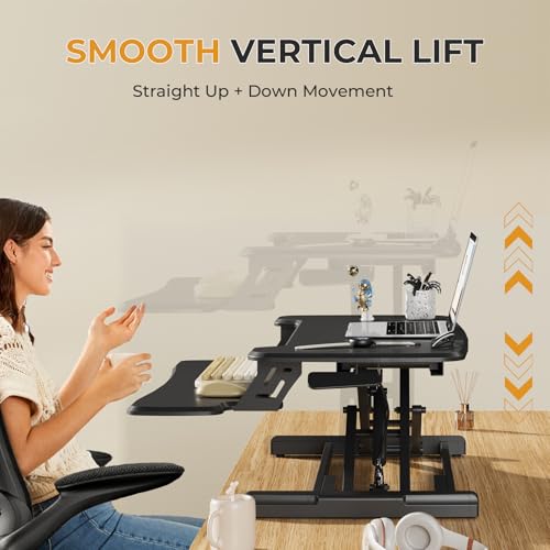 JOY worker Standing Desk Converter, 32" Height Adjustable Sit Stand Up Desk Riser with Keyboard Tray & 6 Fridge Magnets, Desktop Workstation Riser for Home Office Computer Laptop, Black JOY worker