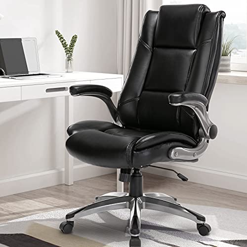 MALOL Leather Executive Office Chair - High Back Home Computer Desk Chair with Padded Flip-up Arms, Adjustable Tilt Lock, Swivel Rolling Ergonomic Chair for Adult Working Study, Black MALOL