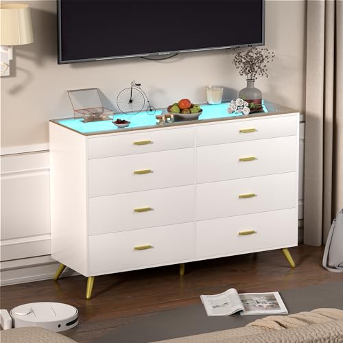 PAKASEPT White Dresser with LED Lights for Bedroom,8 Drawer Dressers with Tempered Glass Top,Chests of Drawers with 2 Grid Drawer,Storage Organizer Dresser for Hallway,Living Room PAKASEPT