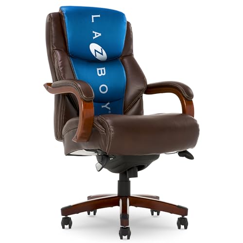 La-Z-Boy Delano Big & Tall Executive Office Chair, Ergonomic Mid-Back Body Pillow Lumbar Support, ComfortCore Memory Foam Cushion, Mahogany Wood Arms & Swivel Base, Bonded Leather, Chestnut Brown La-Z-Boy