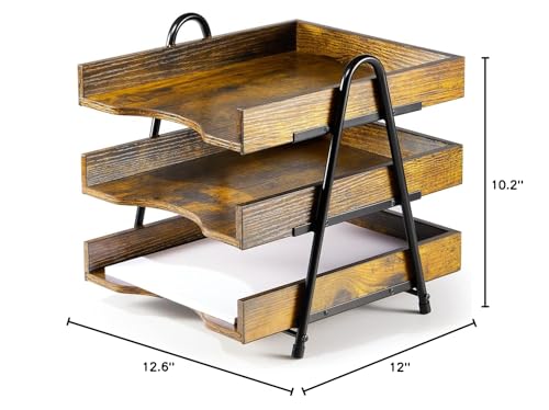 HOYRR Wood Desk Organizer, Wood Letter Tray Organizer, 3-Tier Wood Paper Tray, Rustic Desk File Tray for School Office Supplies Documents Workspace Organizer - WoodArtSupply