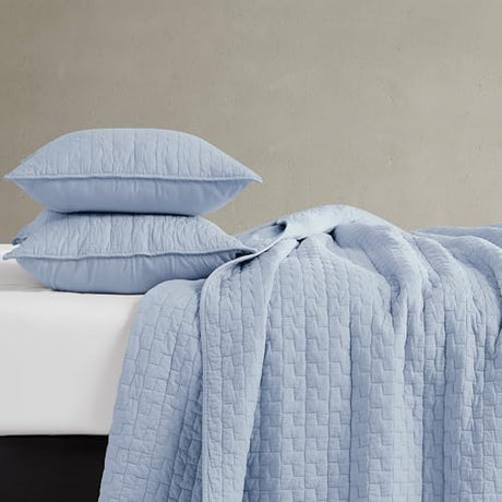 palassio Baby Blue 100% Cotton Quilt King Size Bedding Sets with 2 Pillow Shams, Textured Lightweight Soft Bedspread Shabby Chic Coverlet, Neutral Quilted Comforter Bed Cover for All Season, 3 Pieces palassio