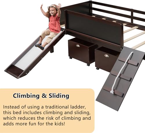 Twin Size Low Loft Bed with Slide and 2 Storage Boxes,Kids Low Loft Bed Frame with Climbing and Chalkboard,Solid Loft Bed Twin for Boys,Girls,Espresso Bellemave