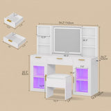 DWVO 56.3" Makeup Vanity with LED Lighted Mirror, Large Vanity Desk with RGB Glass Cabinets, Open Shelving, Built-in Power Strip & Cushioned Stool DWVO