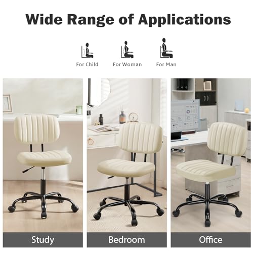 DUMOS Small Armless Home Desk Executive Chair with Low Back Lumbar Support, Height Adjustable PU Leather Computer Office Chair with 360° Swivel Wheels for Kids and Adults, Beige DUMOS