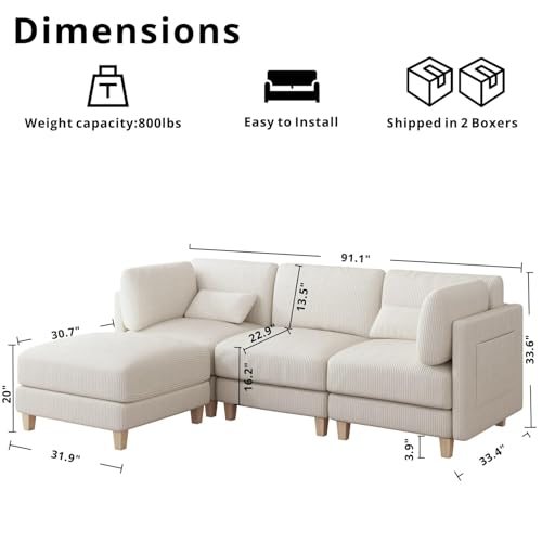 LIKIMIO 91.1" Modern L-Shaped Sectional Sofa for Living Room, 3-Seater Comfy Couch with Deep Seat and Movable Ottoman, Corduroy Upholstered Modular Sofa, Beige LIKIMIO