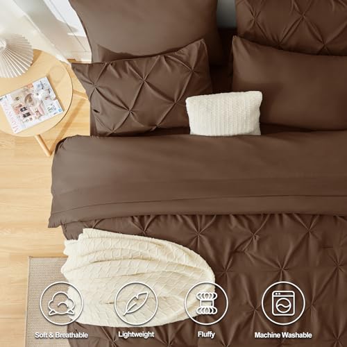 CozyLux Full Size Comforter Sets Brown, 7 Pieces Pintuck Bed in A Bag Brown Comforter Full Size, Pinch Pleat Bedding Sets with All Season Comforter, Sheets, Pillowcases & Shams