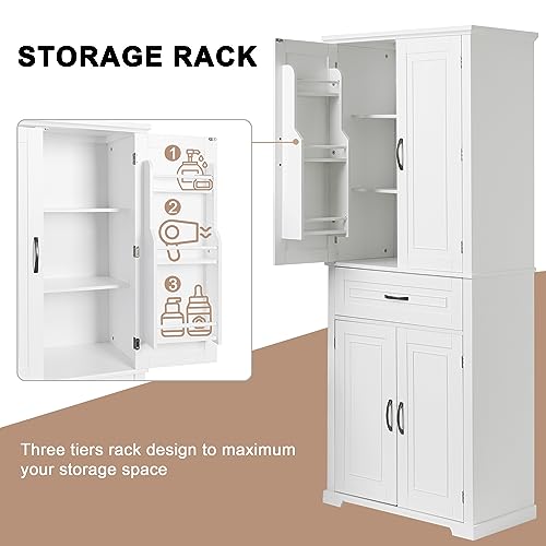 Merax Tall Storage Cabinet with Doors and Drawer, Pantry Cupboard with Rack Organizers Wide Display Shelf for Bathroom or Kitchen, White - WoodArtSupply