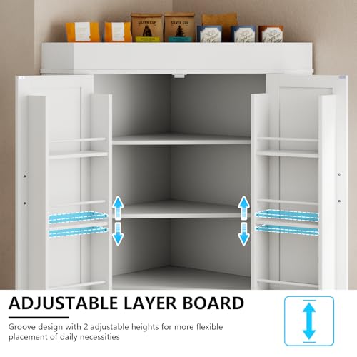 Gyfimoie Corner Cabinet,Kitchen Pantry Storage Cabinet,Freestanding Buffet Hutch with 4 Doors and Shelves,Tall Food Pantry Farmhouse Furniture with Side Rack for Kitchen Dining Room (White) Gyfimoie