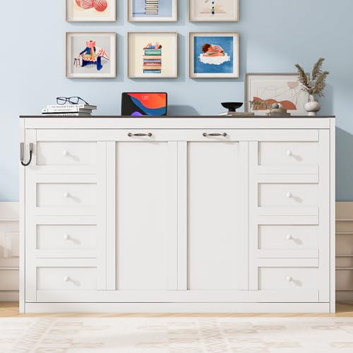 HZXINKEDZSW Twin Size Murphy Bed with LED Light,Can be Folded into a Cabinet,Modern Hidden Wall Bed Frame for Bedroom Apartment Studio Guest Room,Easy Assembly (White+Brown-18, Twin) HZXINKEDZSW