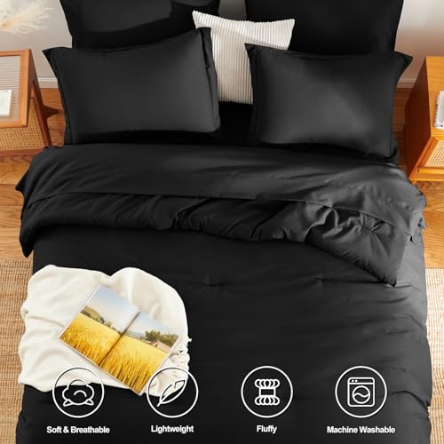 HIMEET Queen Comforter Set - 7 Pieces Bed in a Bag Queen Size, Luxury Comforter Set with Sheets for All Season, Bed Set with Comforter, Flat Sheet, Fitted Sheet, Pillowcases & Shams, Black HIMEET