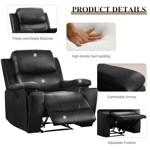 CANMOV Manual Recliner Chair, Classic Faux Leather Recliner Chair with Overstuffed Arms and Back, Manual Single Sofa with Concealed Cup Holders, Black