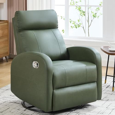 HOMYKA Swivel Rocker Recliner Chair, Manual Faux Leather Recliner, Glider Rocking Recliners 360°Swivel Nursery Reclining Chairs with Adjustable Headrest Highback for Living Room, Dark Green HOMYKA