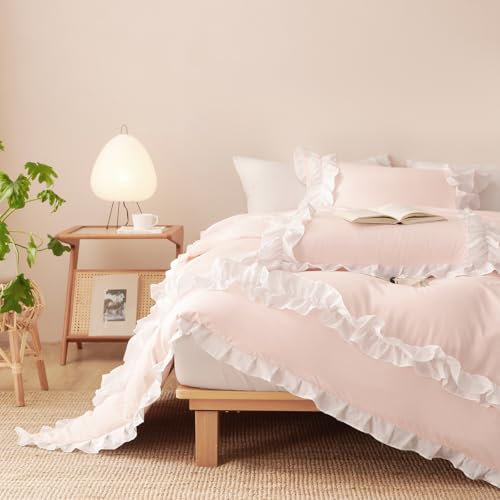 CCoutueChen Ruffle Duvet Cover Full 3Pcs Blush Pink Shabby Chic Farmhouse Bedding Set Girls 100% Washed Microfiber Duvet Cover Set Boho Vintage Ruffled Bedding with 2 Pillowcases(No Comforter) CCoutueChen