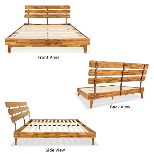 Bme Caden 15 Inch King Bed Frame with Adjustable Caramel Wood Headboard - Mid Century Retro Design, No Box Spring Required Bme