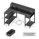 SUPERJARE 47 inch Reversible L Shaped Desk with LED Lights & Power Outlets, Computer Desk with Shelves & Monitor Stand, Gaming Desk with Drawer, Home Office Desk Corner Desk, Black SUPERJARE