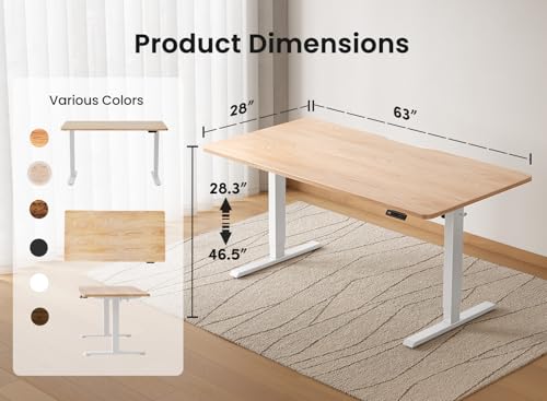 BANTI 63 × 28 Inches Standing Desk, Ergonomic, Electric Height Adjustable, Sit and Stand Up, Computer Desk with a Deeper Desktop, White Frame/Maple Top BANTI