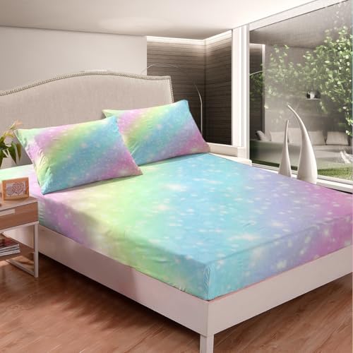 Erosebridal Rainbow Bedding Sets for Girls Kids Teens Tie Dye Pastel Bed Sheet Set King Size Golden Glitter Girly Sweet Sheet Set Abstract Watercolor Art Fitted Sheet + Flat Sheet + 2 Pillow Cases Erosebridal