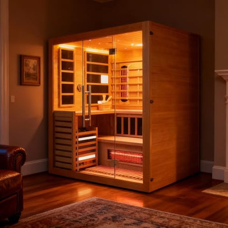 amocane Infrared & Steam Dual-System Sauna Room for 4-6 Person, Wood Hybrid Home Sauna with Heater, Indoor Traditional Saunas Spa with Heaters & Sauna Stove, Speaker, Oxygen Bar, Bucket amocane
