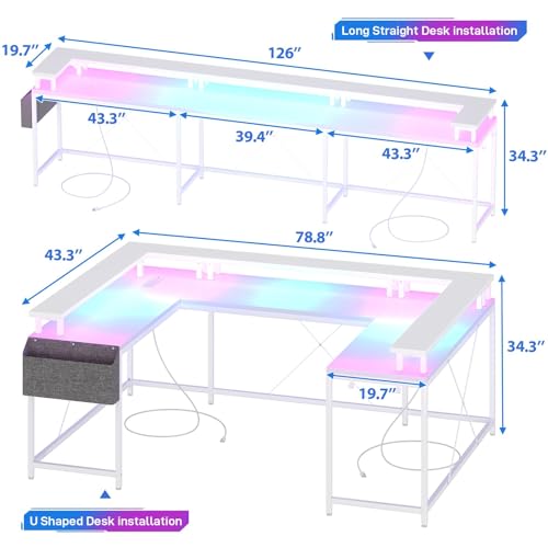 U Shaped Desk, 79" Reversible L Shaped Desk and Long Gaming Desk with Storage Shelf & Power Outlets & LED Lights, Corner Computer Desk with Monitor Stand and Side Storage Bag for Home Office, White TROPOW