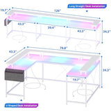 U Shaped Desk, 79" Reversible L Shaped Desk and Long Gaming Desk with Storage Shelf & Power Outlets & LED Lights, Corner Computer Desk with Monitor Stand and Side Storage Bag for Home Office, White TROPOW