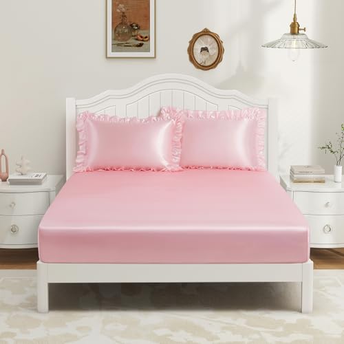 P Pothuiny 3-Piece Set Ruffle Satin Pillowcases & Full Fitted Sheet, Luxury Blush Pink Satin Fitted Sheet Silky Soft Cute Bedding Bedroom Dorm Decor, Wrinkle Free, 15 Inch Deep Pocket P Pothuiny